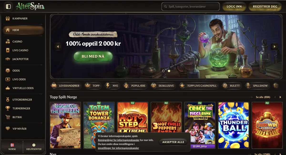 Skjermbilde av forsiden til Alterspin Casino med velkomstbonus og spillutvalg