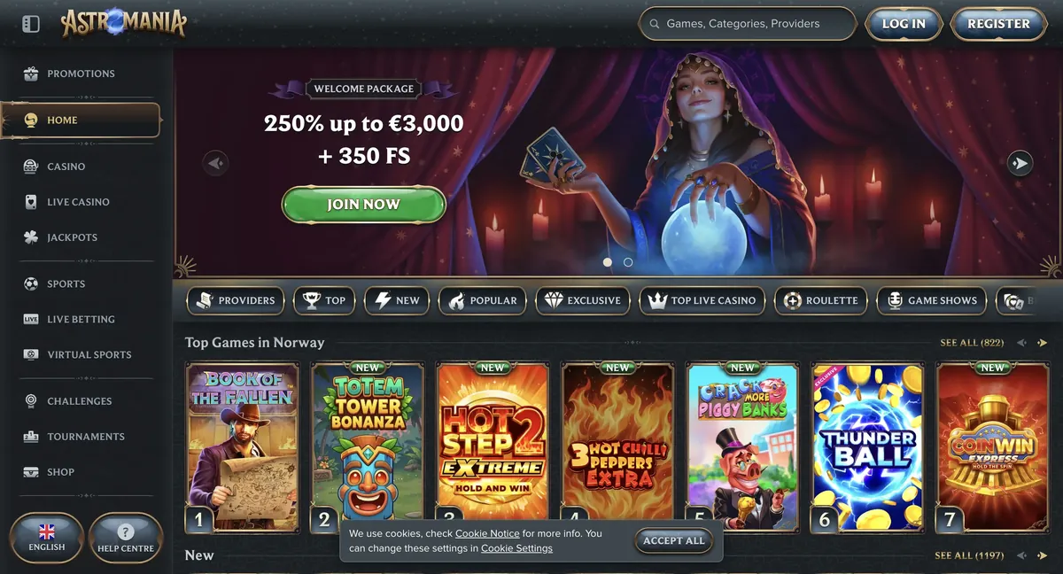 Skjermbilde av forsiden til Astromania Casino med velkomstbonus og spillutvalg