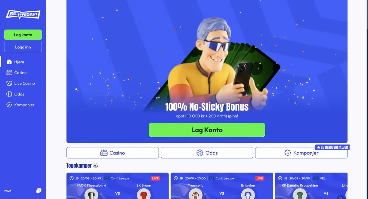 Skjermbilde av forsiden til Betfriday Casino med velkomstbonus og spillutvalg