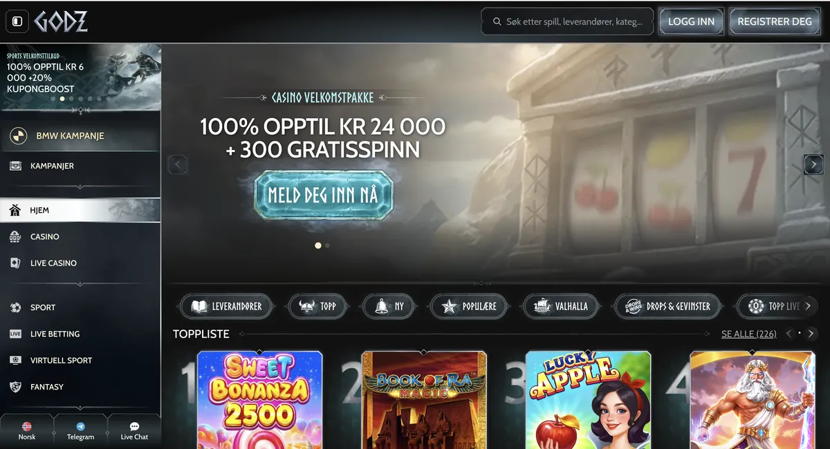 Skjermbilde av forsiden til Godz Casino med velkomstbonus og spillutvalg