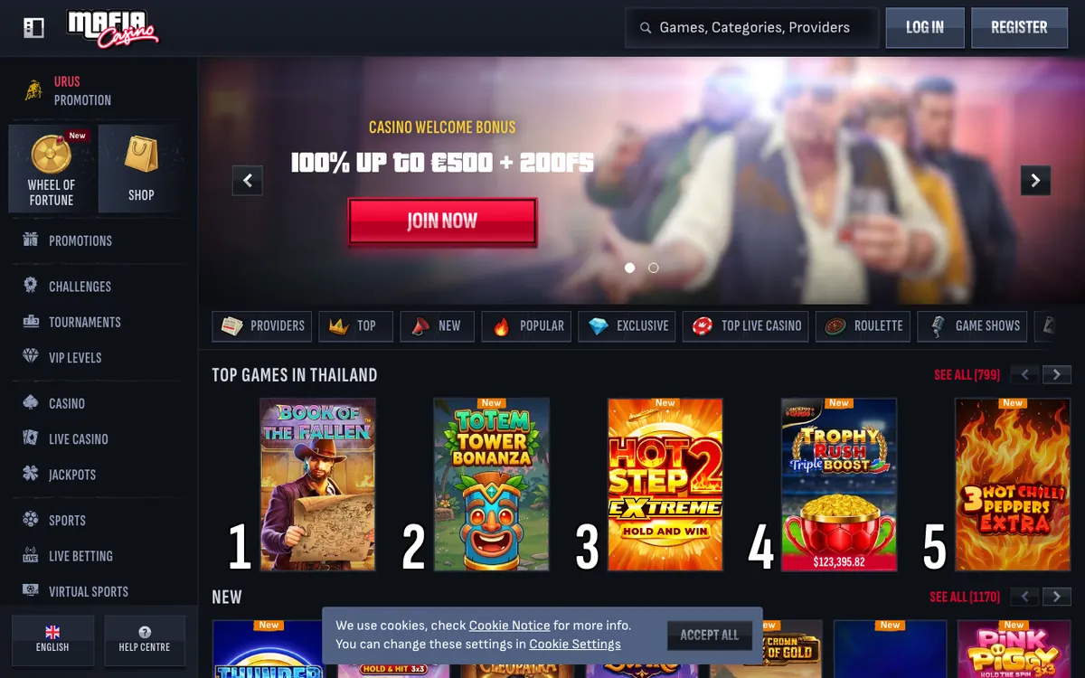 Skjermbilde av forsiden til Mafia Casino med velkomstbonus og spillutvalg