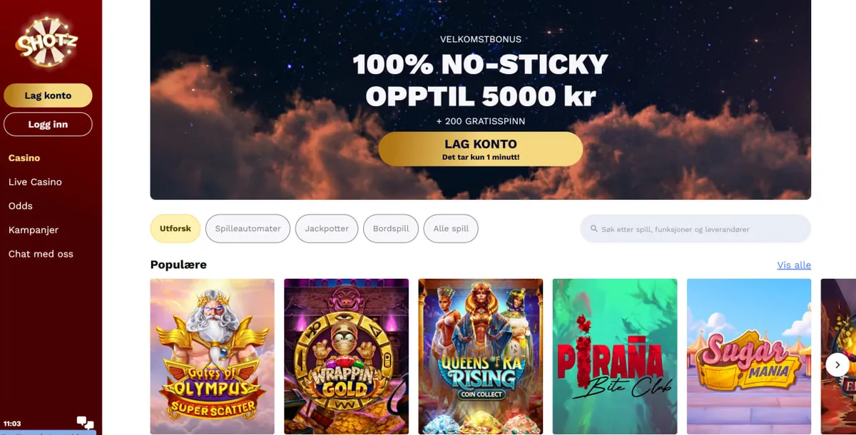 Skjermbilde av forsiden til Shotz Casino med velkomstbonus og spillutvalg