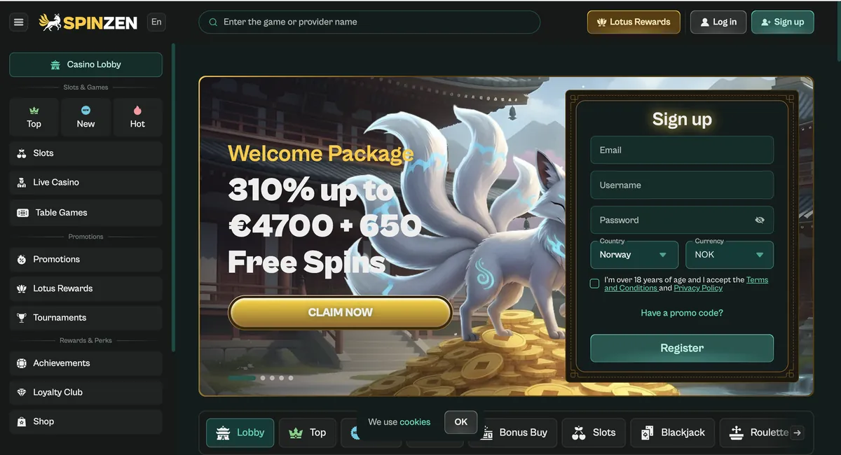 Skjermbilde av forsiden til Spinzen Casino med velkomstbonus og spillutvalg