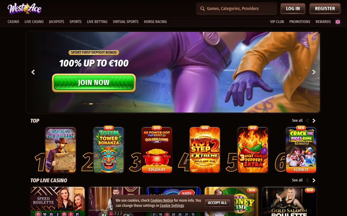 Skjermbilde av forsiden til Westace Casino med velkomstbonus og spillutvalg